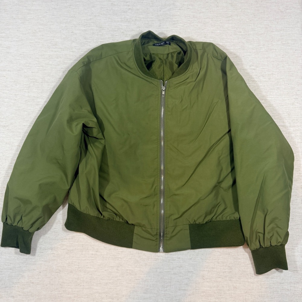Shein Curve Bomber Jacket Womens 0XL Green Good Full Zip Ribbed Trim Pocketless